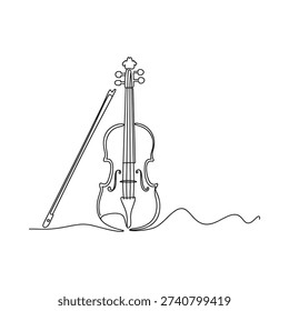 Continuous line drawing of a violin and bow elegant musical illustration