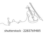 Continuous line drawing of Violin with notes. One line drawing Violin. Musical instrument for decoration, design, banners, festival invitations, music shop. Stringed music instruments concept. Vector