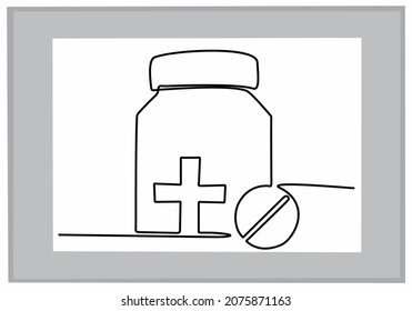 
continuous line drawing vitamin capsule bottle vector illustration