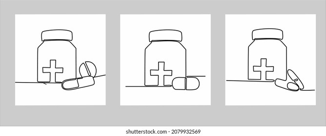 continuous line drawing of vitamin capsule bottle vector illustration