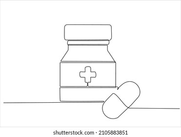 continuous line drawing of vitamin capsule bottle vector illustration
