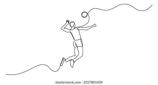 continuous line drawing of volleyball player jumping and hitting the ball.one line drawing portrait of volleyball athlete.single line vector illustration.isolated on white background