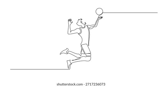 Desenho de linha contínua de um jogador de vôlei saltando e batendo na bola, simbolizando o foco de força e ação esportiva dinâmica. Ilustração de linha única adequada para competição esportiva de vôlei e temas atléticos.