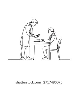 A continuous line drawing of a waiter serving a seated customer at a table