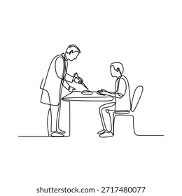 A continuous line drawing of a waiter serving a customer at a table