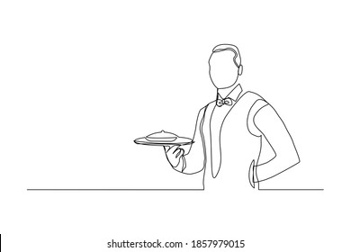 dibujo continuo de líneas de los camareros que sostienen la bandeja de alimentos para el cliente. Concepto de arte de una sola línea del trabajador de restaurantes. Ilustración del vector