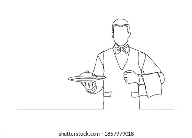 continuous line drawing of waiters holding order food tray for customer. One line art concept of restaurant worker. Vector illustration