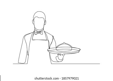continuous line drawing of waiters holding order food tray for customer. One line art concept of restaurant worker. Vector illustration
