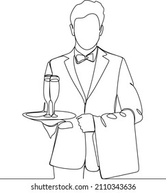 dibujo de línea continua de los camareros hombre de pedido de vino de vidrio en la bandeja para el cliente. Concepto de arte de una línea de bar restaurante y de trabajador de cafetería. Ilustración del vector