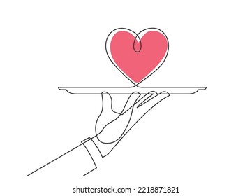 Continuous line drawing of waiters man holding heart on the tray. An offer of marriage. Vector illustration