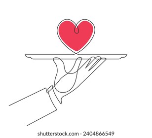 Continuous line drawing of waiters man holding heart on the tray stock illustration