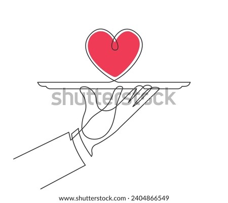 Continuous line drawing of waiters man holding heart on the tray stock illustration