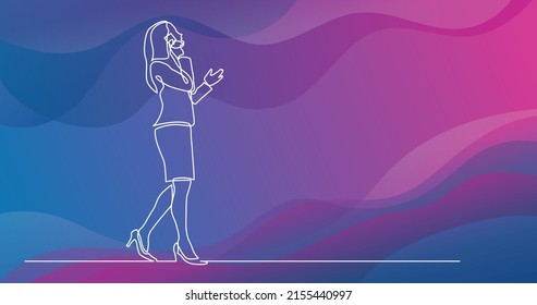 continuous line drawing of walking business woman speaking on mobile phone
