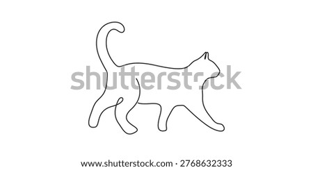 Continuous Line Drawing of a Walking Cat for Minimalist Animal Design, Single Line Art Illustration of a Cat Silhouette on White Background, One Line Vector Drawing of an Elegant Domestic Cat Walking, Minimalist Feline Contour Art in Continuous One Line Style