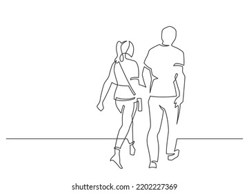 Continuous line drawing of walking couple. Vector illustration