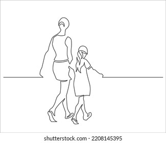 Continuous line drawing of walking couple. Mother with daughter. Vector illustration