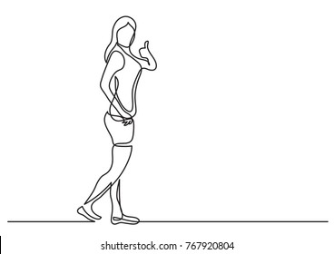 continuous line drawing of walking fitness woman showing thumb up