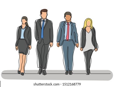 continuous line drawing of walking team of professionals