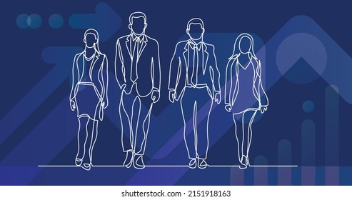 continuous line drawing of walking team of professionals