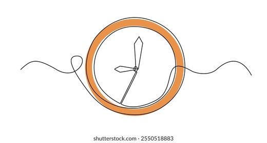 Dibujo de línea continuo de un reloj de pared. Dibujo de una línea de un reloj de pared que muestra el Vector de una sola línea de las 9 en punto. Fondo blanco aislado