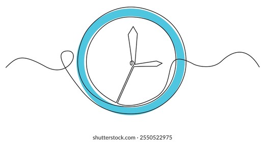 Dibujo de línea continuo de un reloj de pared. Dibujo de una línea de un reloj de pared que muestra 3 en punto. Vector de línea simple. Fondo blanco aislado