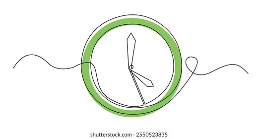 continuous line drawing of a wall clock.one line drawing of a wall clock showing 5 o'clock.simple single line vector.isolated white background