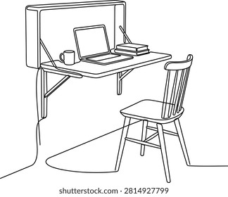 A continuous line drawing of a wall-mounted folding desk with a laptop, coffee mug, and books, accompanied by a wooden chair.