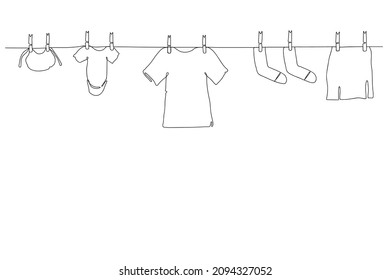 Continuous line drawing wash things. Clothes hanging on a rope. Laundry home. Dried things on the clothesline. Vector illustration