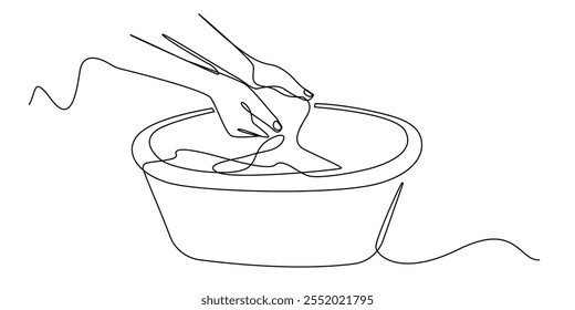 continuous line drawing of washing clothes.one line drawing of a woman's hand rubbing dirty clothes in a bucket.simple single line vector illustration.isolated white background