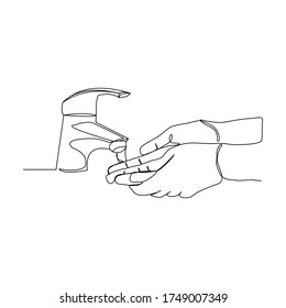 Continuous line drawing of washing hand with water faucet. Vector illustration