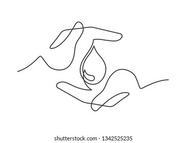 Continuous Line Drawing Of Water Drop Between Two  Human Hands Meaning Care And Love.  Vector Illustration