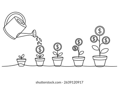  Continuous Line Drawing of Watering Plant with Growing Money Tree Vector