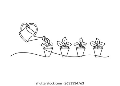 Desenho de linha contínua de plantas aquecedoras em vasos representando crescimento e cuidado.