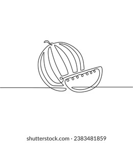 Continuous line drawing. Watermelon fruits. One outline art tropical food. Vector illustration isolated. Minimalist design handdrawn.