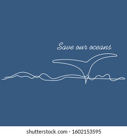 Continuous line drawing of the waves and the whale's tail . Hand-drawn vector illustration. Poster, greeting card with an Ocean animal in the sea waves.
