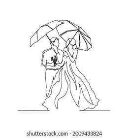 Continuous Line Drawing Of Wedding Couple Hanging Umbrella. Single Drawing Line Art Of Doodle Wedding, Bride, Groom, Couple, Love, Celebration, Romantic With Active Stroke. 