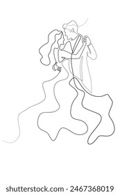 continuous line drawing of a wedding couple.one line drawing of a man and woman dancing in wedding attire.single line drawing of a wedding