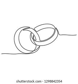 Continuous line drawing. Wedding rings. Template for love cards and invitations. Black isolated on white background. Hand drawn vector illustration. 