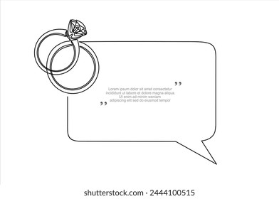 Dibujo de línea continua. Anillos de boda y burbuja de discurso. Negro aislado sobre fondo blanco. Ilustración vectorial dibujada a mano