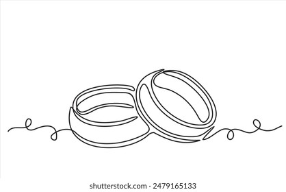 Continuous line drawing. Wedding rings. Template for love cards and invitations. Black isolated on white background. Hand drawn vector illustration.