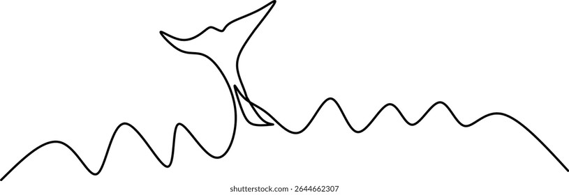 desenho em linha contínua de uma cauda de baleia mergulhando em ondas oceânicas. Arte marinha minimalista simbolizando a natureza, a vida marinha e a conservação ambiental.