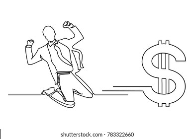 Continuous line drawing. White background. The man in the tie and suit is joyful. Earned money.