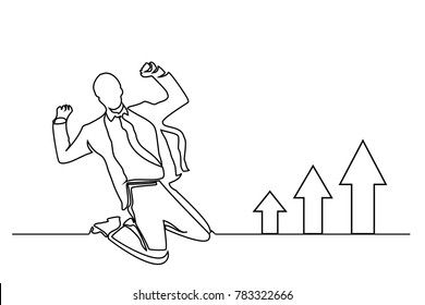 Continuous line drawing. White background. A man in a tie and suit is a businessman. Arrows of sales go up.