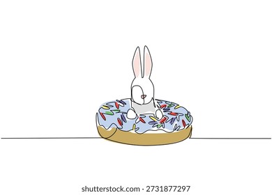 Desenho de linha contínua de coelho encantador branco para conceito de sobremesa doce apresenta animal de estimação bonito sentado dentro de uma rosquinha. Arte colorida mostra tema de dia internacional da comida com criatura coelho brincalhão