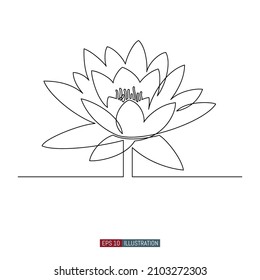 Continuous line drawing of White lotus flower. Template for your design. Vector illustration.