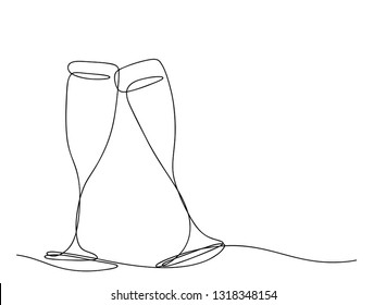 Continuous line, drawing of white, party celebration, cute glass, vector illustration