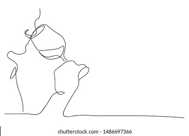 Continuous line, drawing of white, party celebration, cute glass, vector illustration