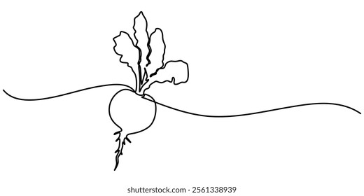 Continuous line drawing whole healthy organic beetroot for plantation logo identity, Vector continuous one single line drawing icon of beetroot with leaf in silhouette on a white background. Linear. 