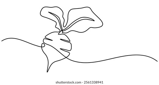 Continuous line drawing whole healthy organic beetroot for plantation logo identity, Vector continuous one single line drawing icon of beetroot with leaf in silhouette on a white background. Linear. 