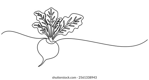 Continuous line drawing whole healthy organic beetroot for plantation logo identity, Vector continuous one single line drawing icon of beetroot with leaf in silhouette on a white background. Linear. 